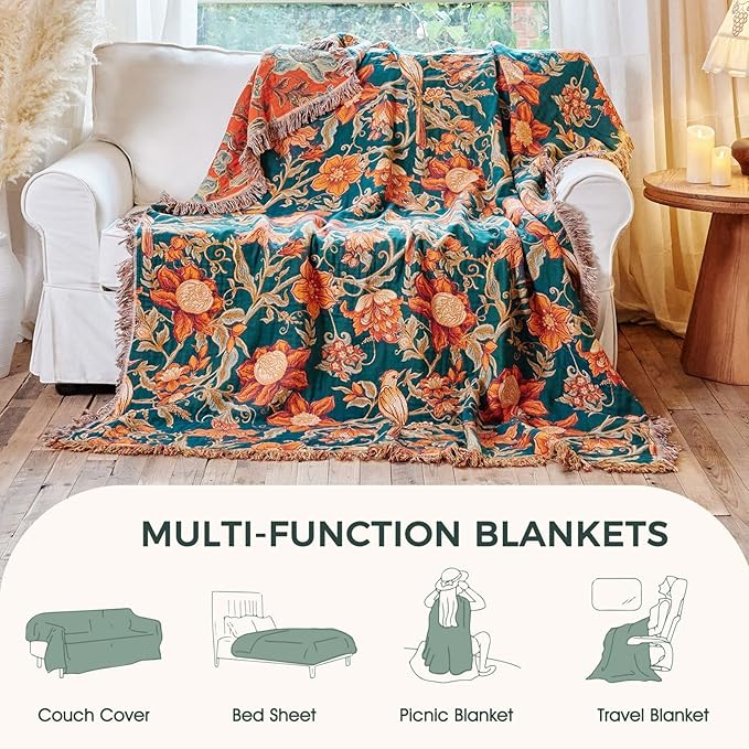 Boho Throw Blanket - 100% Cotton Ultra Soft Muslin Blanket, 50"x60" Lightweight Floral Bird Framhouse Bedding Spring Blanket for Bed, All Season Blue Bohemian Bedroom Home Decor Quilt