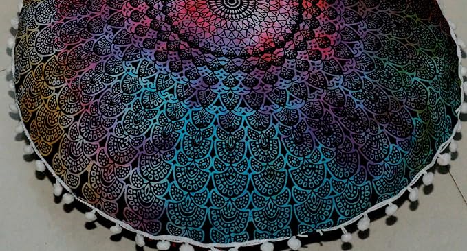 CRAFT KALA 22" Mandala Meditation Floor Pillows Cover Pouf Cover Round Seating Bohemian Mandala Cotton Floor Cushion Cover Outdoor Fireplace Seating Living Room Yoga Room Home Décor (Multi Peacock)