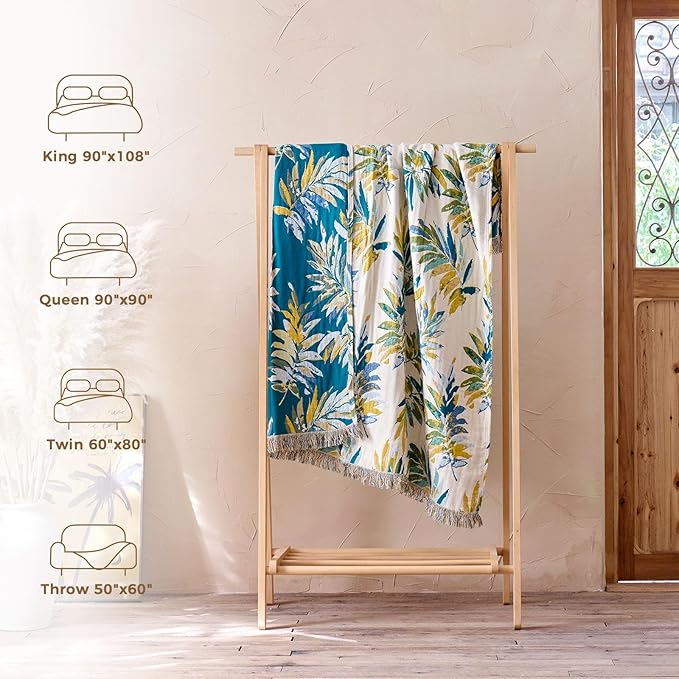 Boho Throw Blanket for Bed Cotton Spring Blankets Twin Size for Bedroom Living Room All Season Lightweight Leaves Embroidery Breathable Quilt for Couch Sofa Chair 60"x80" Home Decor