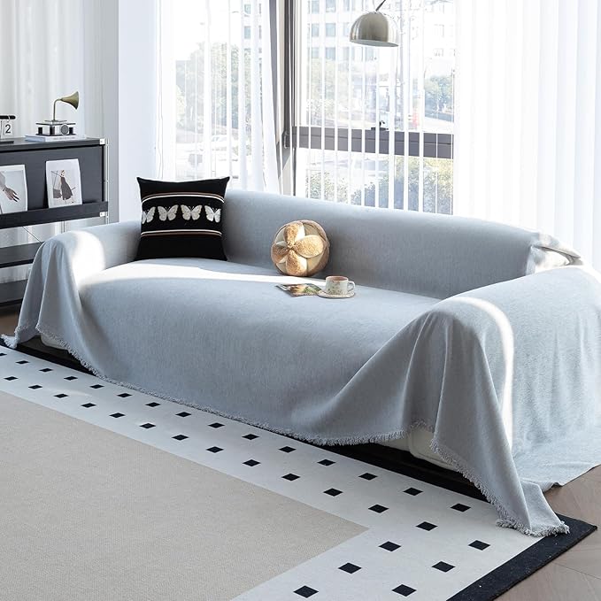 Durable Couch Cover Blanket, Sofa Blanket Cover Washable, Oversized Couch Cover Pet Friendly, Chenille Sofa Cover Blanket for 2-3 Cushions Sofas Solid Color(71"x 118"/Light Grey/1pc)