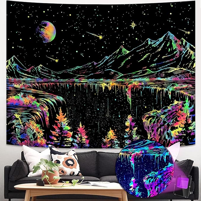 Zussun Blacklight Mountain Tapestry Starry Night Tapestries for Bedroom Aesthetic Moon and Stars Tapastry Wall Hanging Glow in The Dark Nature Forest Wall Tapestry for Living Room Dorm (60'' × 44'')