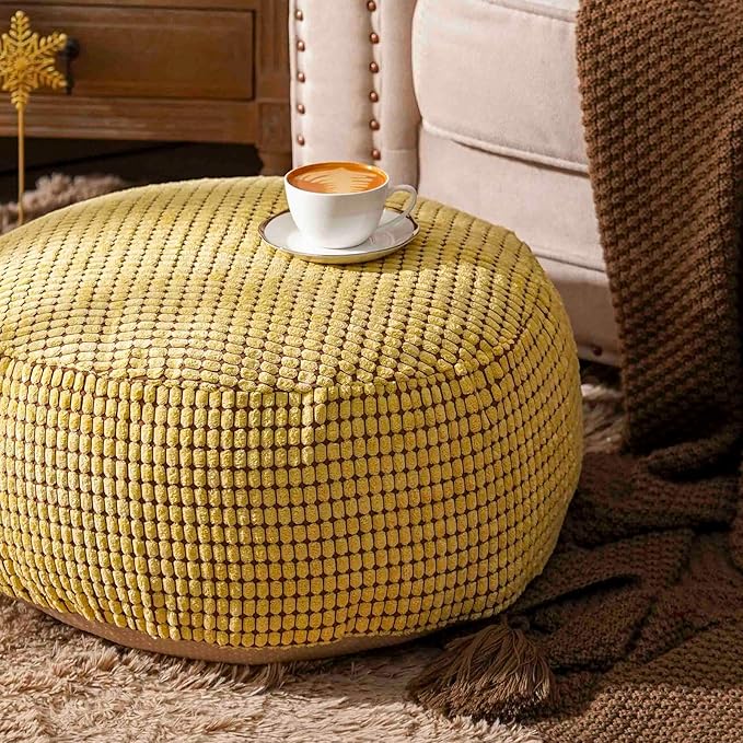SUTAVIA Pouf Ottoman Cover Unstuffed Pouf Seat Decorative Soft Storage Bean Bag 20x20x8 Inches Floor Footrest for Living Room Bedroom (Yellow, Round)