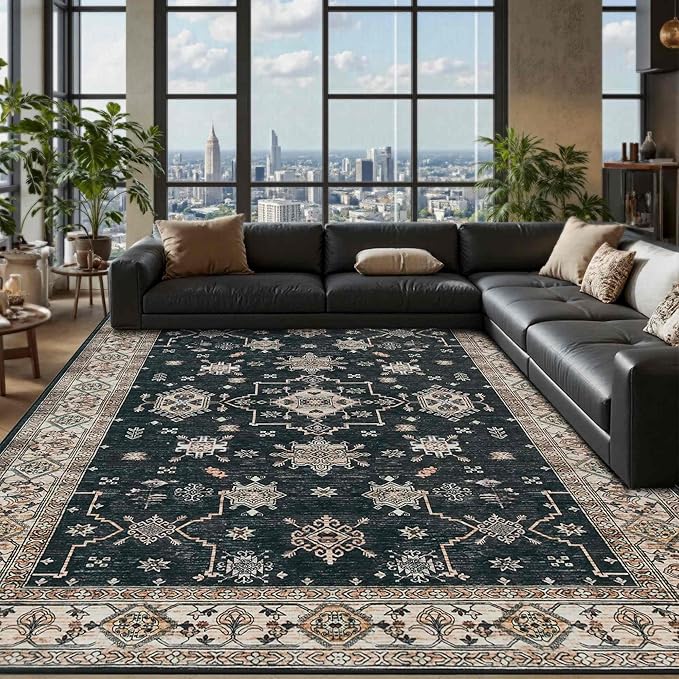 8x10 Area Rugs for Living Room, Large Washable Rug, Black Vintage Boho Rug, Non Slip & Low Pile Faux Wool Carpet for Indoor Dining Room, Bedroom and Farmhouse(Black 8x10ft)