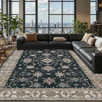 8x10 Area Rugs for Living Room, Large Washable Rug, Black Vintage Boho Rug, Non Slip & Low Pile Faux Wool Carpet for Indoor Dining Room, Bedroom and Farmhouse(Black 8x10ft)