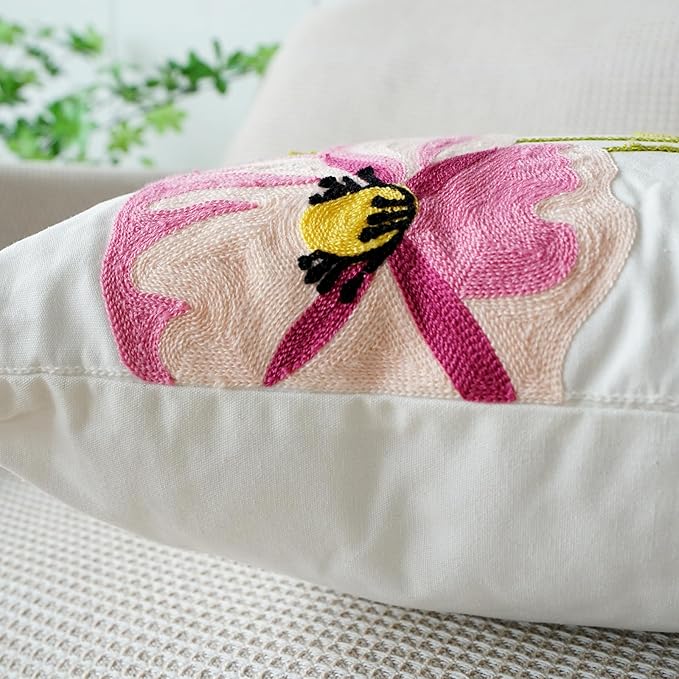 vctops Lotus Flower Embroidered Decorative Throw Pillow Cover Spring Summer Floral Square Pillow Cases Cotton Cushion Cover for Couch Sofa Bed (Flower A,18"x18")