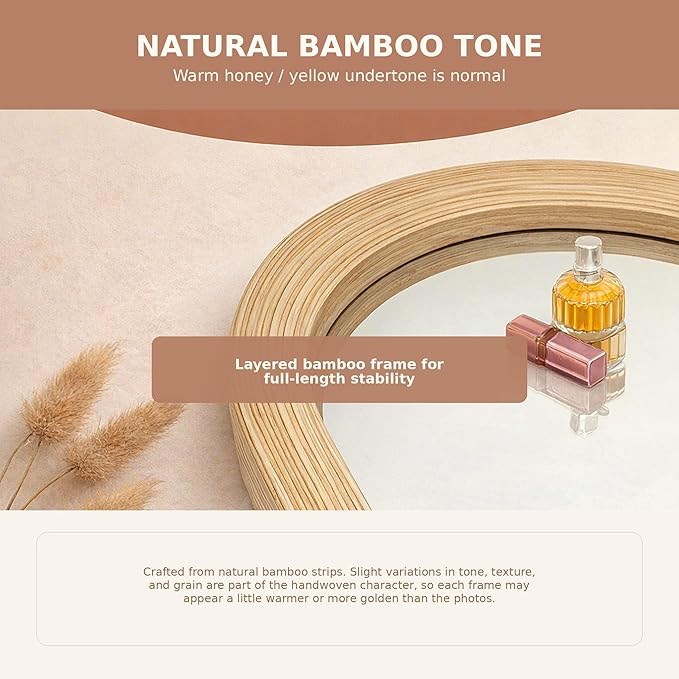 20" x 52" Oval Full Length Wall Mounted Mirror, Handwoven Natural Bamboo Frame (Warm Tone), Boho Coastal Mirror for Entryway, Bedroom, Dressing Room, Vertical & Horizontal Hanging