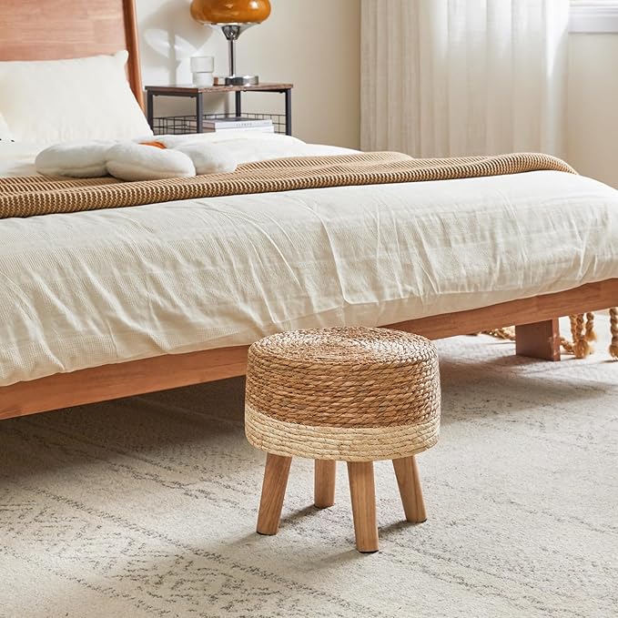YMYNY Foot Stool Natural Seagrass Hand Weave, 12.6" Small Ottoman, Round Footrest for Living Room, Bedroom, Entryway, Change Shoes Stool, Non-Skid Wood Legs, Boho, Natural+White, UHBD027W