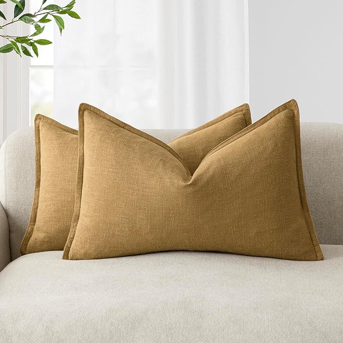Foindtower Pack of 2, Decorative Linen Soild Throw Pillow Covers Soft Accent Lumbar Cushion Case Boho Farmhouse Pillowcase for Couch Sofa Bedroom Living Room Home Decor 12 x 20 Inch Honey Mustard