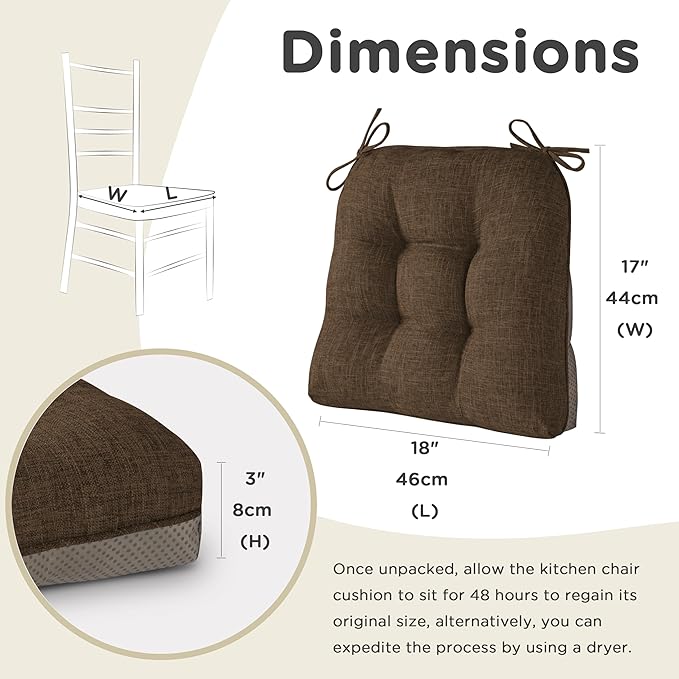 AddGrace Chair Cushions for Dining Chairs Set of 4 Kitchen Seat Cushions with Ties and Non Slip Backing Tufted Indoor Seat Pad for Kitchen Dining Room 18" x 17" x 3" Coffee