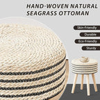 Cpintltr Round Ottoman Footstool Natural Seagrass Foot Stool Pouf Ottomans with Solid Wood Legs Hand Weave Hyacinth Footrest Step Stool for Living Room Balcony Garden Natural & Black