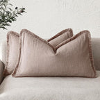 Foindtower Set of 2 Decorative Linen Fringe Lumbar Throw Pillow Covers Farmhouse Cushion Cover with Tassels Soft Accent Pillowcase for Couch Sofa Bed Living Room Home Decor,12×24 Inch,Dusty Pink