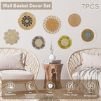 7Pack Boho Wall Basket Set Hanging Woven Wall Basket Decor Rattan Flat Round Wicker Wall Art Set Round Wall Art for Living Room Kitchen Office Bathroom Dining Room (Style 5)