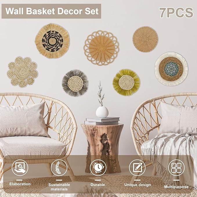 7Pack Boho Wall Basket Set Hanging Woven Wall Basket Decor Rattan Flat Round Wicker Wall Art Set Round Wall Art for Living Room Kitchen Office Bathroom Dining Room (Style 5)