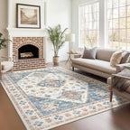 6x9 Area Rugs for Nursery Room, Easy-to-Care Washable Rug with Non-Slip Backing, Ultra-Thin Soft Rugs for Bedroom, Living Room, Floral Vintage Area Rug (Blue/Beige, 6'x9')