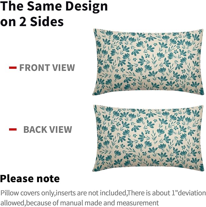 Teal Floral Pillow Covers 12x20 Set of 2 Vintage Rustic Old Style Cute Small Flower Blue Green Cream Print Decorative Outdoor Pillowcases Farmhouse Throw Cushion Case Decor for Couch Sofa Bed