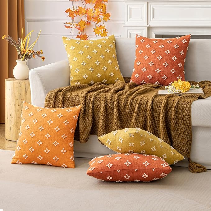 ANRODUO Pack of 2 Yellow Floral Boho Decorative Throw Pillow Covers with Tufted Rhombic Jacquard for Fall Room Decor Boho Pillow Covers Decorations 18x18 Soft Pillowcase for Couch Sofa Living Room