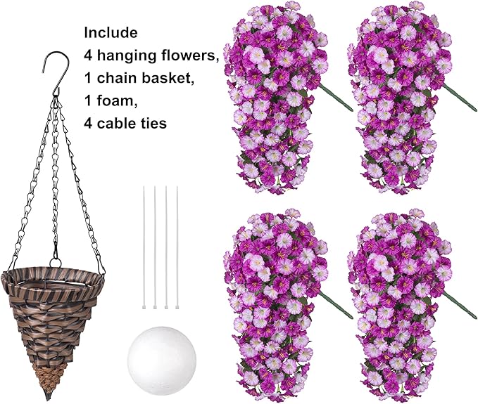 Artificial Fake Flowers Plants Hanging Baskets Outdoor Outside Spring Decor, Faux Silk Light Fuchsia and Fuchsia UV Resistant Look Real Morning Glory Home Patio Porch Balcony Decoration