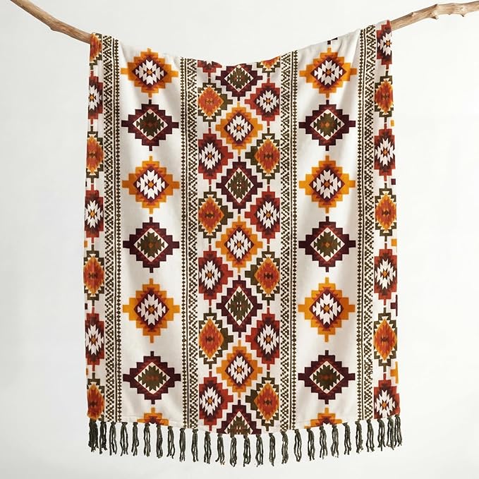 CASAAGUSTO Boho Throw Blanket - Orange and Green Decorative Blankets with Tassel, Printed Flannel Bohemian Blanket for Chair, Bed, Sofa, Couch(50 * 60, Orange and Green)
