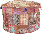 GANESHAM KLAVATE Indian Hippie Vintage Cotton Floor Pillow & Cushion Patchwork Bean Bag Chair Cover Boho Bohemian Hand Embroidered Handmade Pouf Ottoman (Brown, 13" H x 22" Diam.(inch))