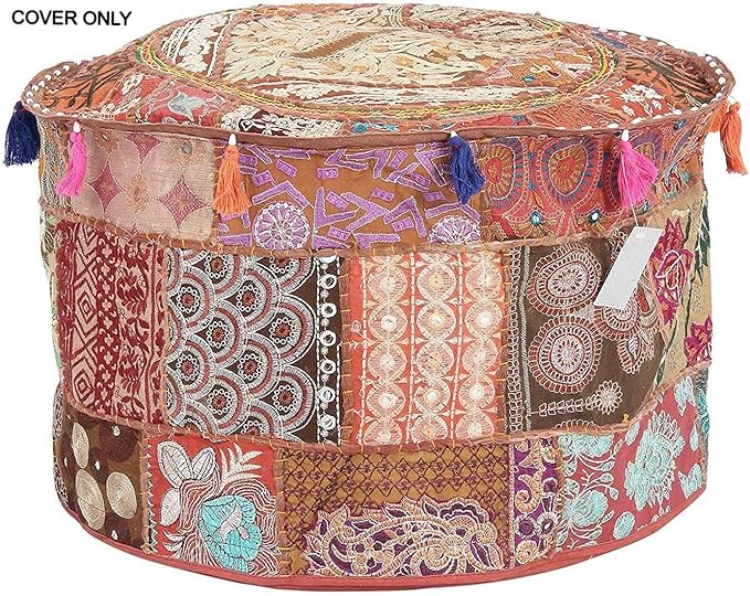 GANESHAM KLAVATE Indian Hippie Vintage Cotton Floor Pillow & Cushion Patchwork Bean Bag Chair Cover Boho Bohemian Hand Embroidered Handmade Pouf Ottoman (Brown, 13" H x 22" Diam.(inch))