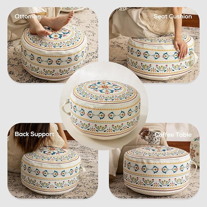 MOCOFO Round Bohemian Ottoman Pouf Cover, 18 Inch, Cotton Blend, Church Window Print, Living Room Storage Footrest, Cover Only (Little Wild)