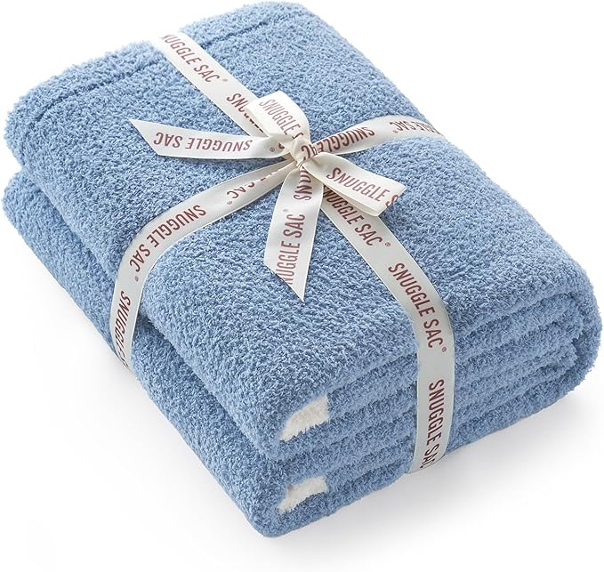 Snuggle Sac Blue Bedding Blankets Queen Size 90x90 inches, Reversible Microfiber Fluffy Fuzzy Soft Throw Cozy Knit Blanket for Women Mothers Birthday Gifts