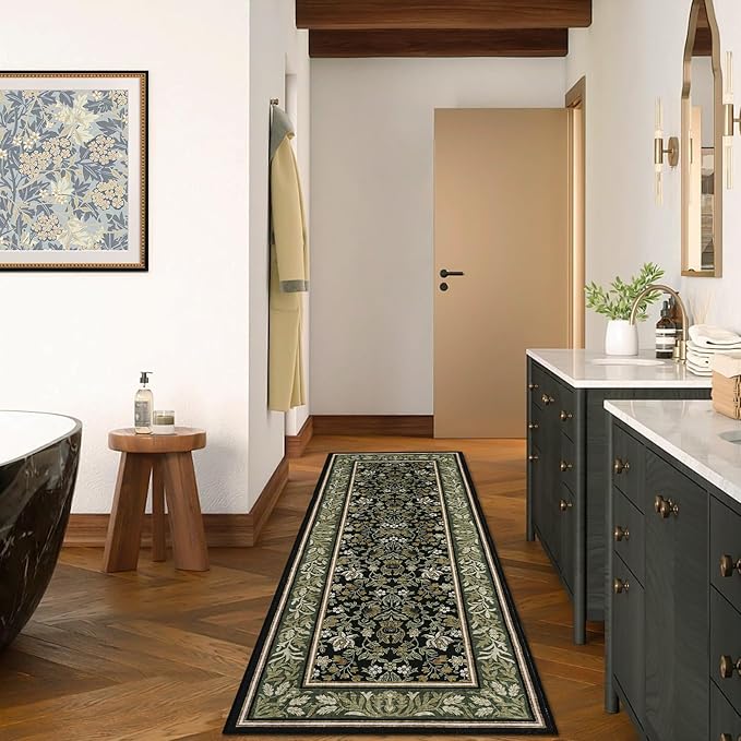 GarveeHome Runner Rugs 2x6 Kitchen Runner Rug Non Slip Washable Runners for Hallways, Boho Vintage Rugs with Rubber Backing Low-Pile Indoor Long Carpet for Entryway Bedroom Green Black