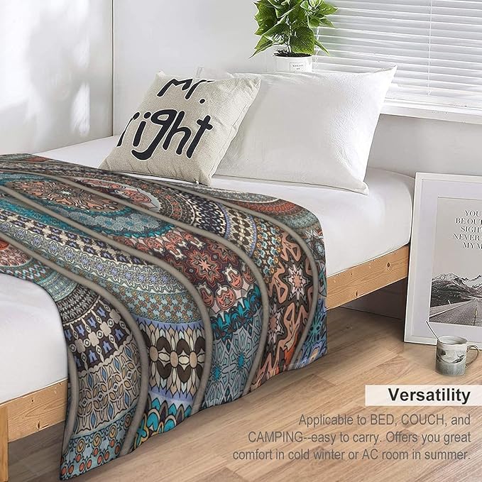 Colorful Bohemian Throw Blanket Vintage Floral Mandala Flower Aztec Boho Blanket for Sofa Bed Couch Chair Or Dorm 70"x80"
