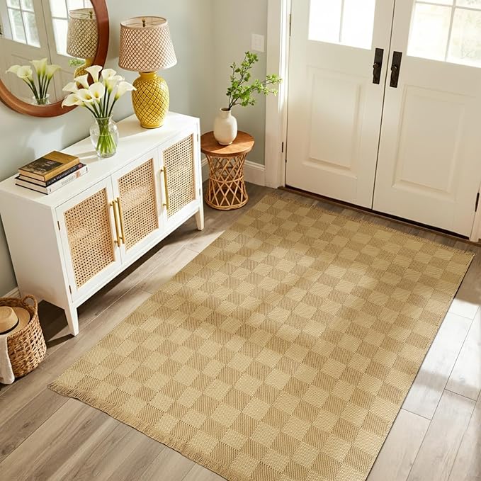 BESTSWEETIE 3'x5' Washable Rug Hand-Woven Low Pile Soft Checkerboard Pattern Reversible Checkered Braided Rugs with Short Fringe Carpet for Living Room Bedroom Dining Room Home Decor - Naturejute