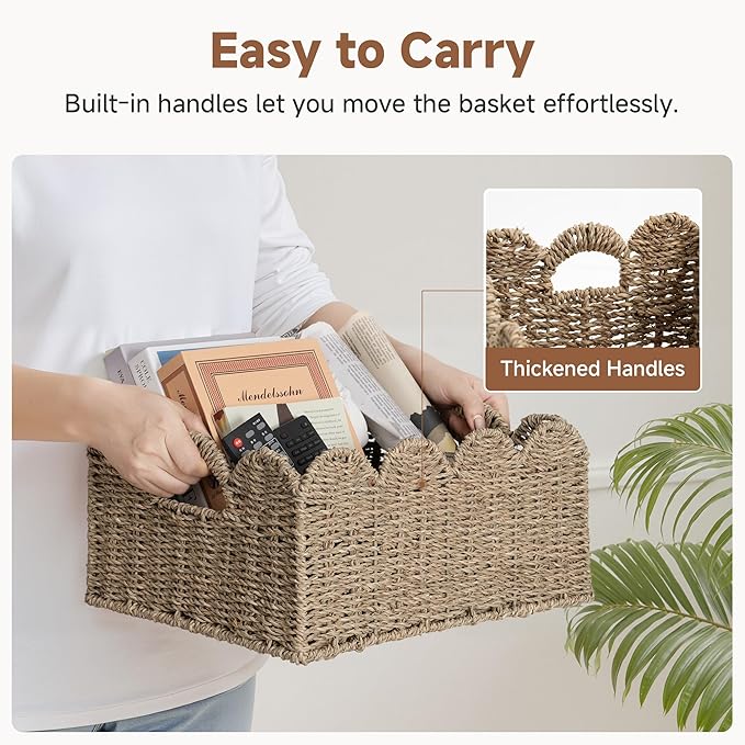 StorageWorks Scalloped Seagrass Baskets, Hand-woven Rattan Baskets with Built-in Handles, Cute Baby Basket for Nursery, Basket for Organizing and Decor, 15"L x 11"W x 6¾"H