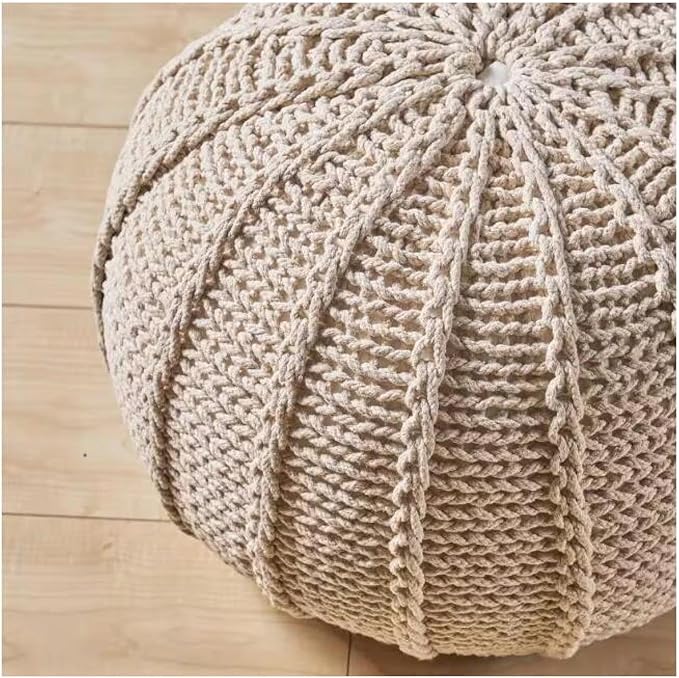 Knitted Pouf Ottoman - 19.5" Round Cotton Footrest - Beige - Cozy Seat & Home Decor - Versatile Storage Ottoman