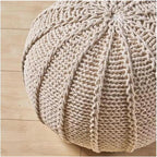 Knitted Pouf Ottoman - 19.5" Round Cotton Footrest - Beige - Cozy Seat & Home Decor - Versatile Storage Ottoman