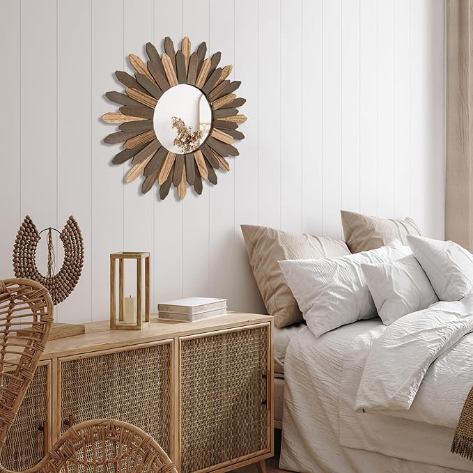 Emfogo Wall Mirror 21 inch Large Rustic Wood Boho Mirror Wall Decor Boho Room Decor Home Decor Aesthetic Farmhouse Decor for Bedroom Living Room Entryway(Tri-Color)