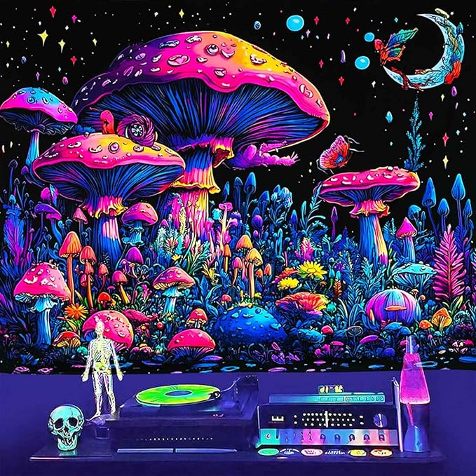TUGCAY Blacklight Mushroom Tapestry Fantasy Forest Moon Butterfly Plant Snail Tapestry UV Reactive Aesthetic Wall Hanging Tapestries for Bedroom Dorm Living Room Classroom Decor 47 x 35 Inches