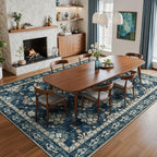 Lessymo Floral Living Room Rug 8x10 Area Rugs, Vintage Washable Rugs for Dining Room Bedroom, Low Pile Non Slip Rubber Mat, Distressed Indoor Boho Carpet, Navy/Beige