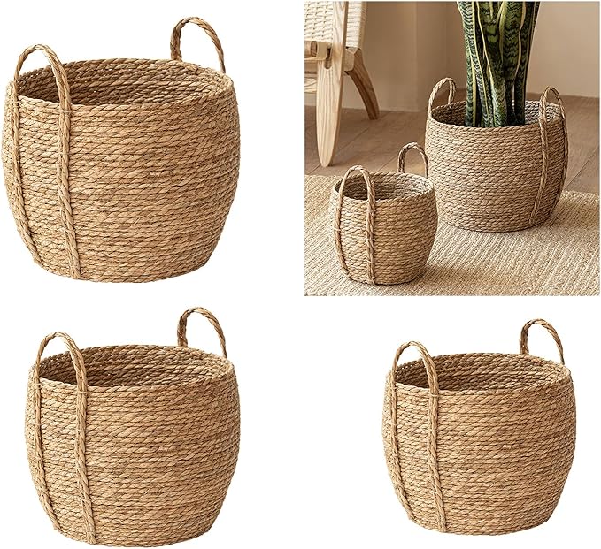 Woven Plant Basket, Wicker Basket for Plants, Handwoven Round Baskets, Garden Pots for Indoor, Small Boho Storage Bin Organizer, Rustic Baskets for Plants and Home Decor