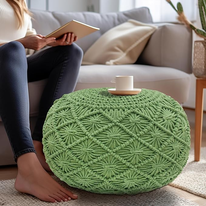 COTTON CRAFT Macrame Braided Pouf - Knitted Cotton Cord Comfortable Round Dori Pouf - Prefilled Ottoman Footrest Bean Bag - Stuffed Boho Moroccan Accent Seating - Nursery Bedroom Dorm - 20x14 - Green