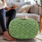 COTTON CRAFT Macrame Braided Pouf - Knitted Cotton Cord Comfortable Round Dori Pouf - Prefilled Ottoman Footrest Bean Bag - Stuffed Boho Moroccan Accent Seating - Nursery Bedroom Dorm - 20x14 - Green