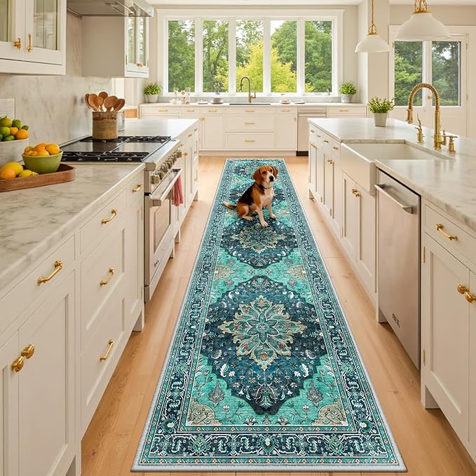 Area Rugs 3'x10' Runner Rug Non Slip Washable for Kitchen Hallway Bedroom Beside Laundry Room Bathroom Rug, Floor Carpet, Teal Green Lake Blue Turquoise