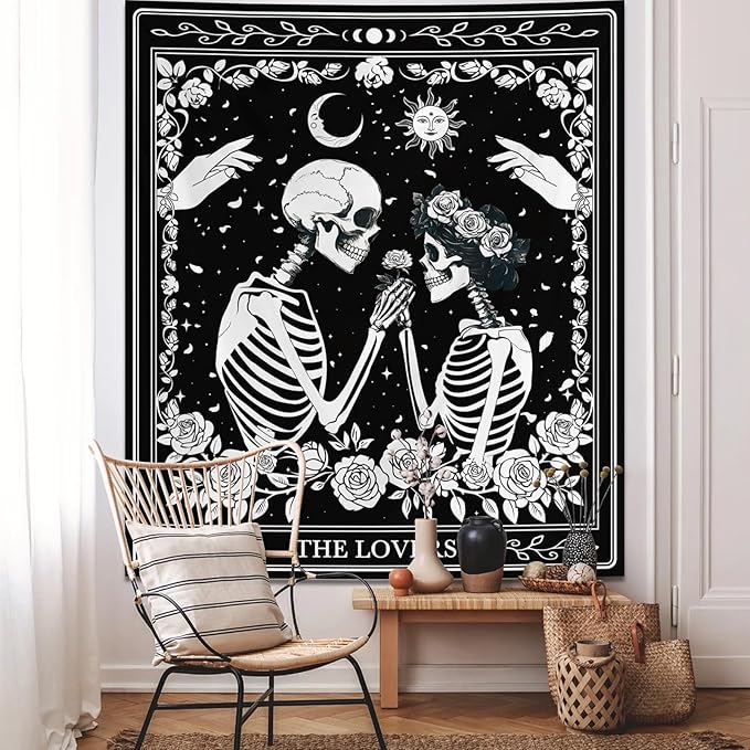 Atrippy Halloween Gothic Room Decor Tapestry, Goth Skull Grunge Tapestry for Bedroom, Witchy Dark Aesthetic Home Decor, Small Skeleton Vintage Black and White Emo Wall Decor (36" X 48")