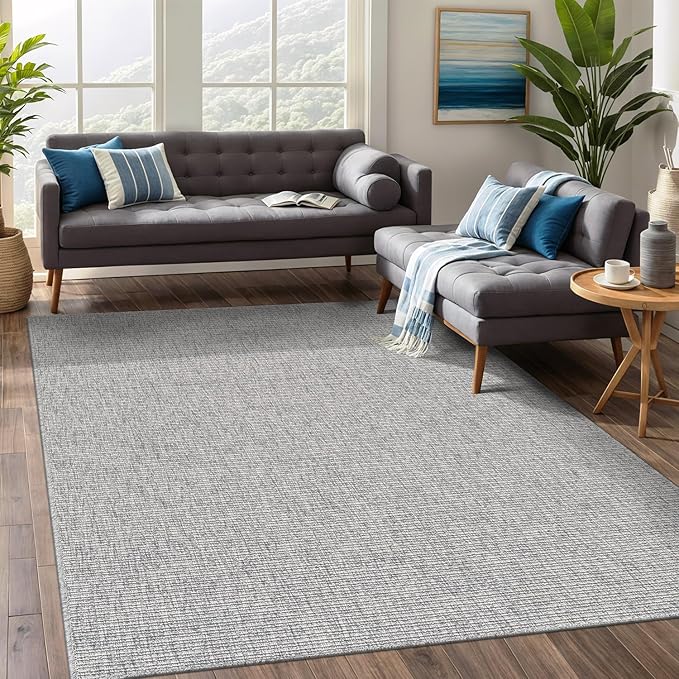 Beverly Rug Easy Jute Gray Rug 8x10 Solid Washable Durable Outdoor Indoor Area Rugs for Living Dining Room Patio Office Stain Resistant Non Shedding Casual Indoor Outside Carpet 8 x 10 Gray
