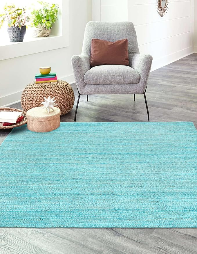 Unique Loom Braided Jute Collection Area Rug - Dhaka (8' Square, Turquoise)