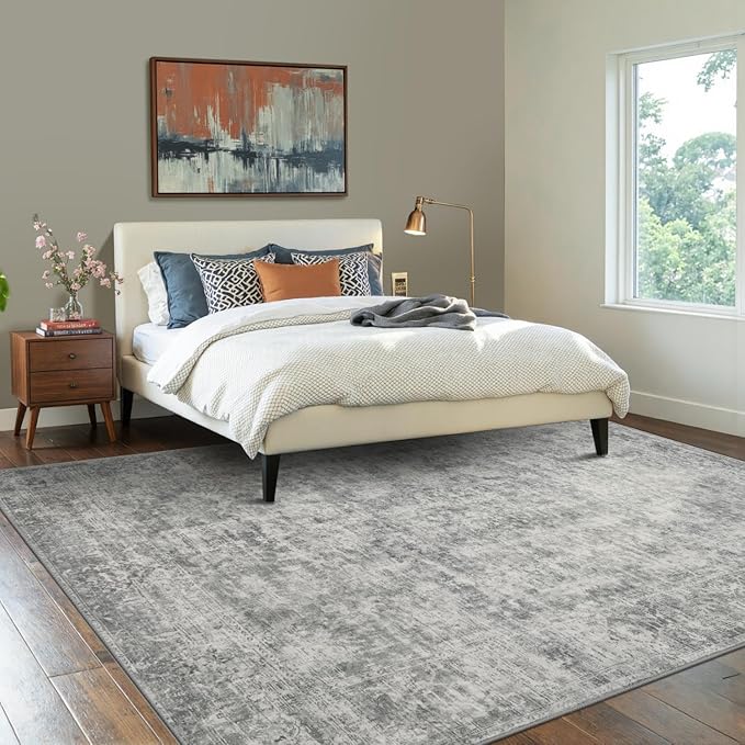 6x9 Area Rugs for Living Room Bedroom, Large Washable Rug, Grey Vintage Abstract Boho Rug, Non Slip & Low Pile Faux Wool Carpet for Indoor Dining Room, Farmhouse and Kids Room(Grey 6x9ft)