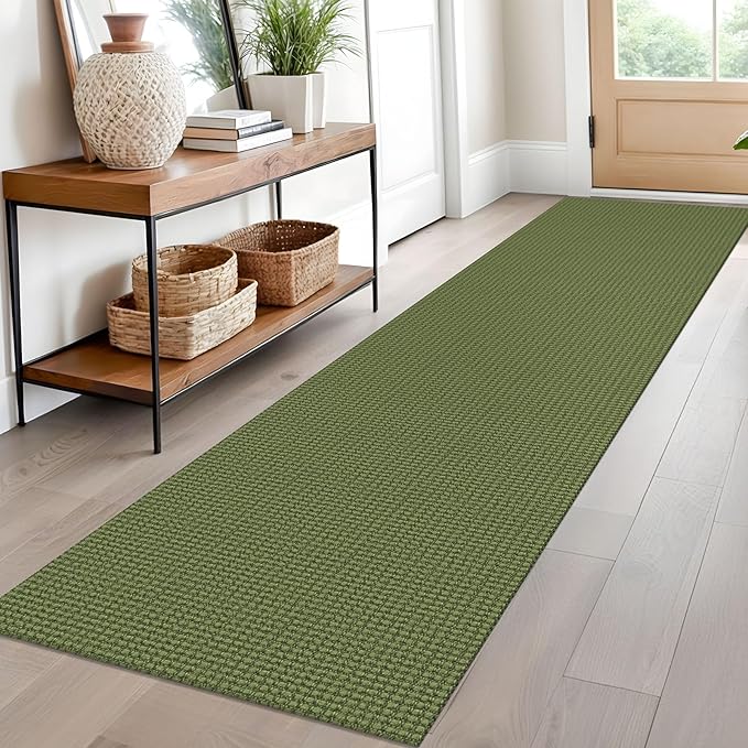 EARTHALL Woven Runner Rug 2x10 Ft Washable Runners for Hallways Long Cotton Non Slip Rubber Backed Kitchen Runner Braided Indoor Floor Carpet for Entryway, Hallway, Kitchen, Green