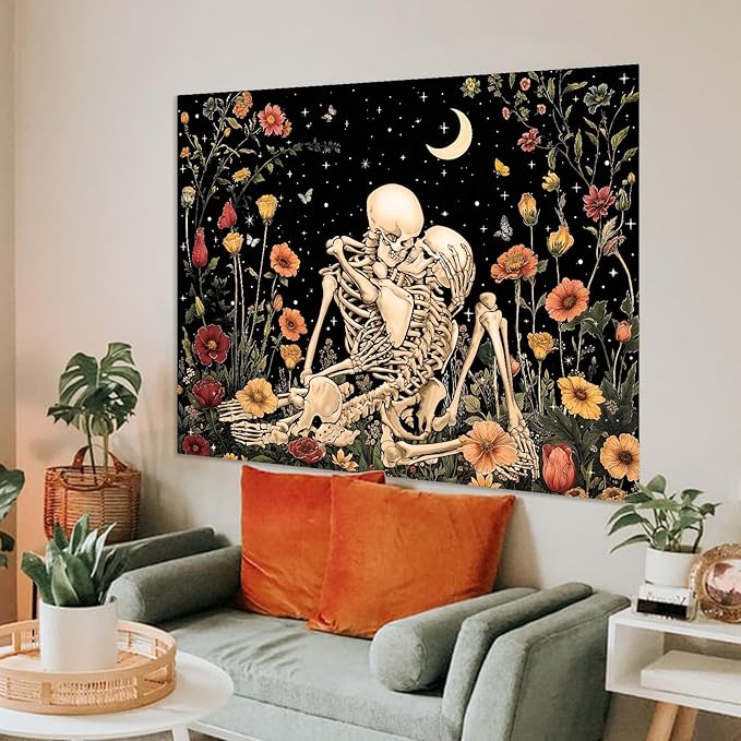 Accnicc Floral Skeleton Lovers Tapestry for Bedroom Gothic Skull Wall Tapestry Aesthetic Vintage Flower Plant Small Tapestries Wall Hanging for Living Room Dorm 48 x 36 Inch