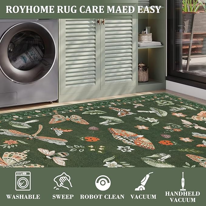 Mushroom 8x10 Area Rugs for Living Room Low-Pile Whimsical Cottage Core Insect Bug Butterfly Funky Dark Gothic Decor for Bedroom Nursery Dining Room Olive Green