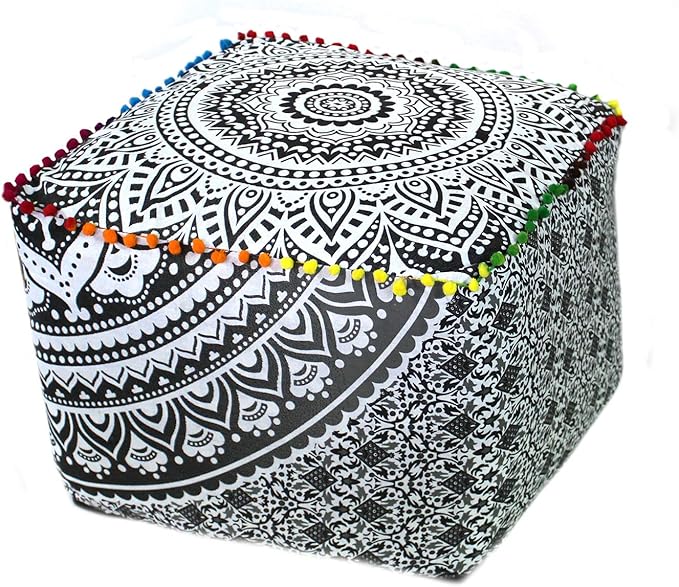 CRAFT KALA Large Hippie Mandala Meditation Floor Ottoman Pillow Cushion Pouf Cover Square Poufs Cover Bohemian Floor Cushion Case Outdoor Fireplace Yoga Living Room Decor 18X18X14 inches, Grey Ombre