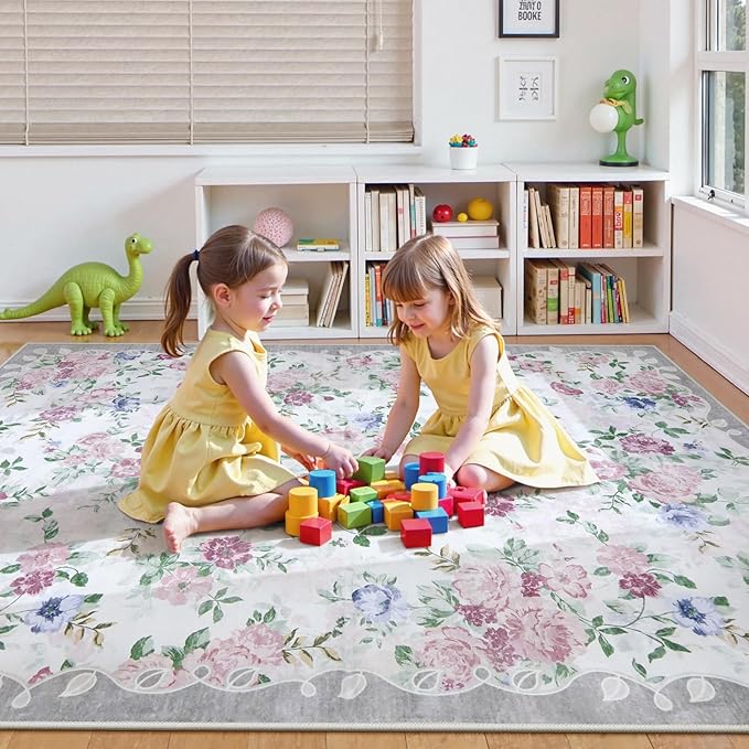 Lahome Purple Floral 5x7 Area Rugs, Boho Rugs for Bedroom Girls,Vintage Living Room Rug Non Slip Low Pile Ultra-Thin Large Carpet for Farmhouse,Dining Room,Kids,Nursery Nina(5'X7',Purple/Grey)