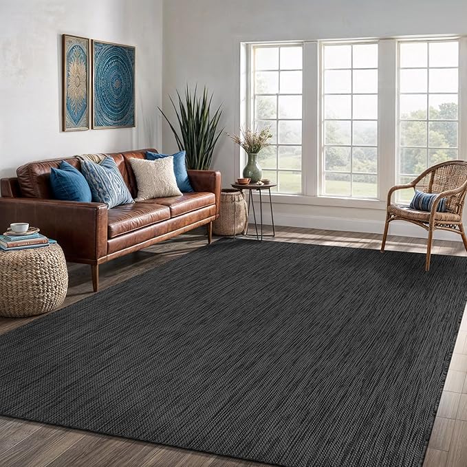 Washable Indoor Outdoor Rug 5x7 Weather Resistant Area Rugs Modern Solid for Porch Deck Balcony Backyard Patio Outside Carpet (5 X 7 Dark Grey)