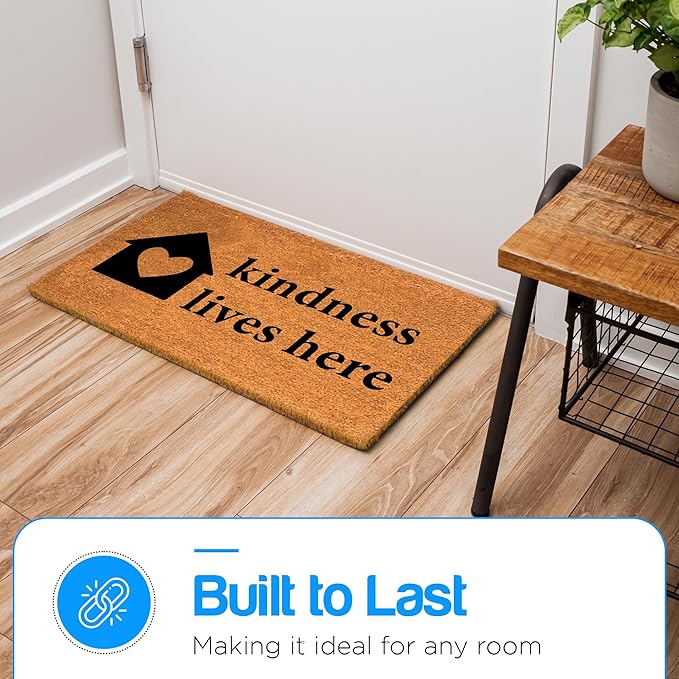 PLUS Haven Coconut Coir Home Entrance Door Mat – 17.5" x 30" | Kindness Lives Here Heavy-Duty Doormat for Indoor & Outdoor Use | Eco-Friendly & Durable